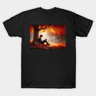 Boy Reading a Book Under a Tree in the Fall - Landscape T-Shirt